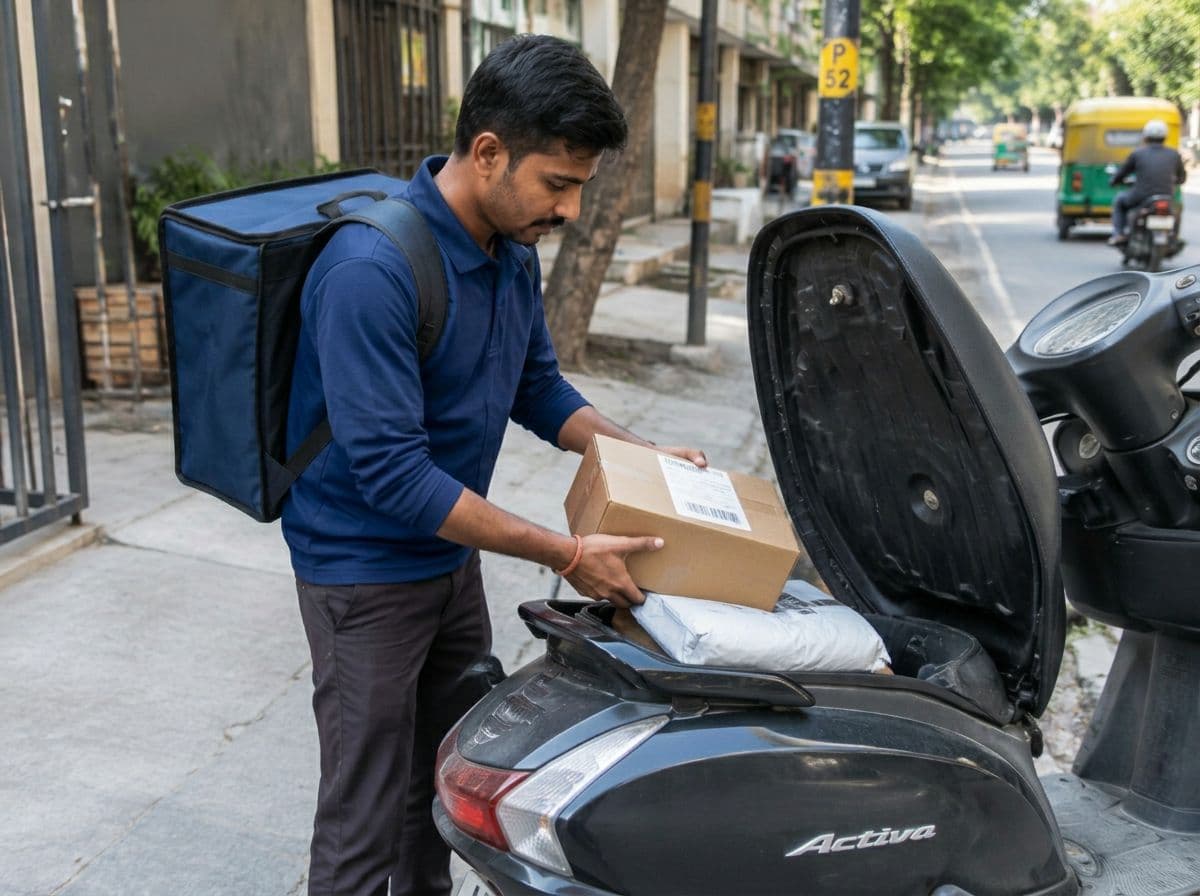 Delivery worker placing a parcel into a scooter's storage box