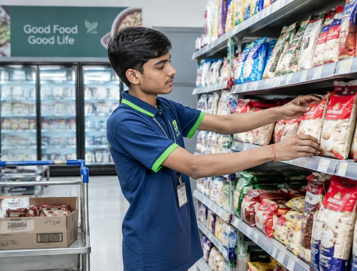 Store helper restocking packets on supermarket shelves