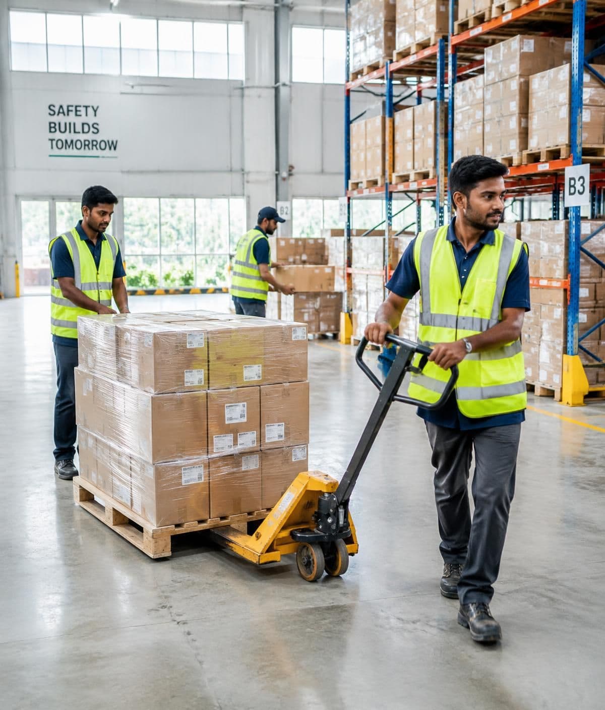 Warehouse workers in safety vests moving a pallet of cartons