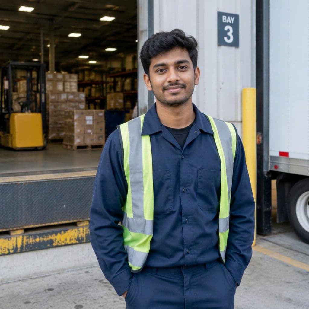 Young worker in a safety vest standing at a warehouse loading bay